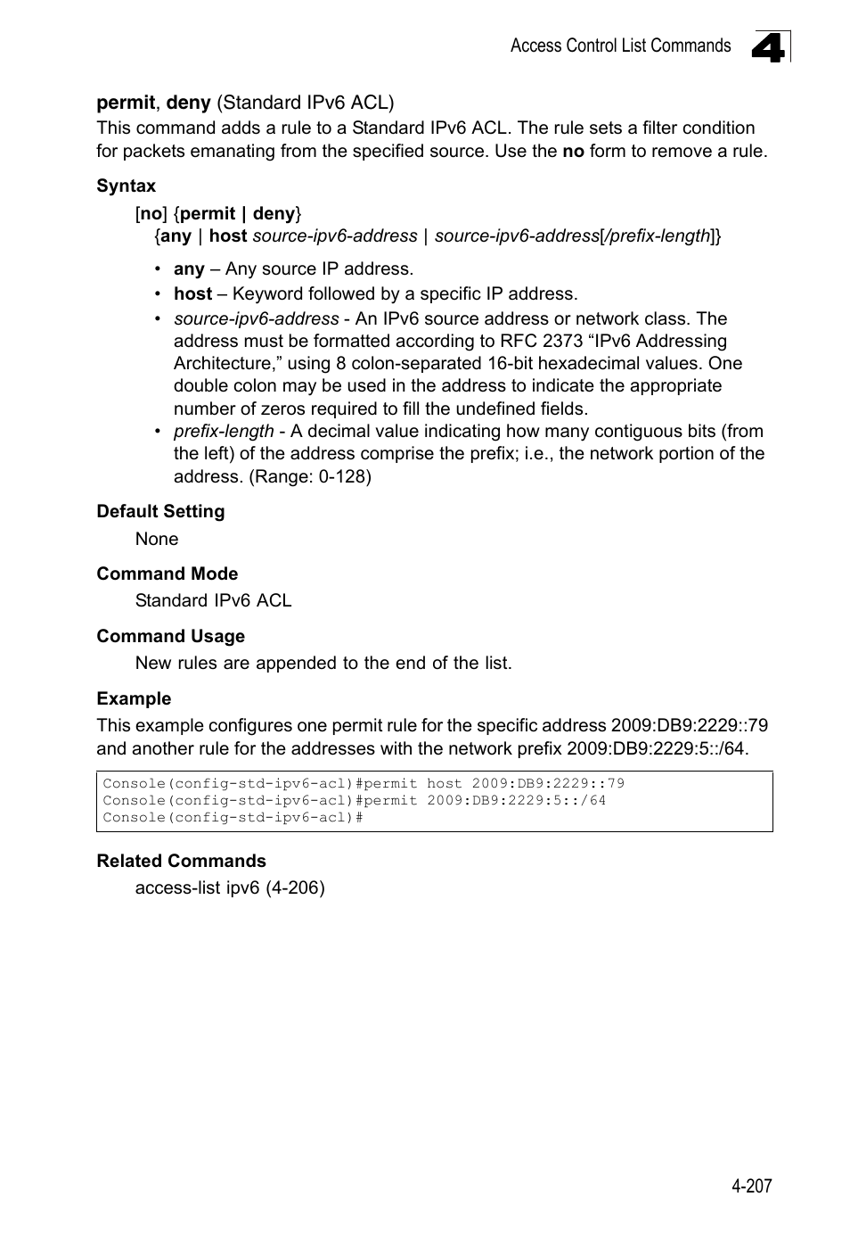 Permit, deny (standard ipv6 acl) | LevelOne FGL-2870 User Manual | Page 573 / 800