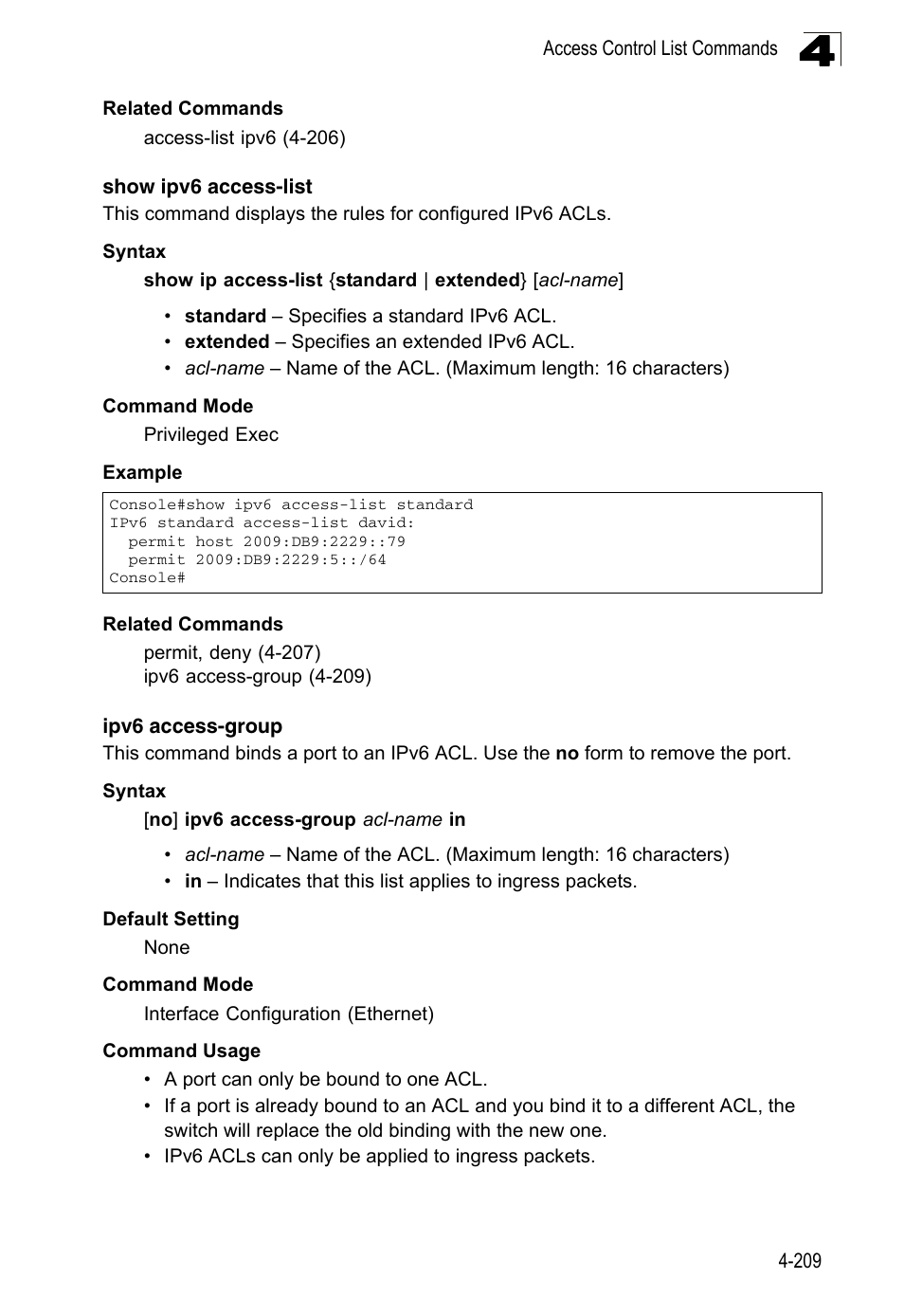 Show ipv6 access-list, Ipv6 access-group | LevelOne FGL-2870 User Manual | Page 575 / 800