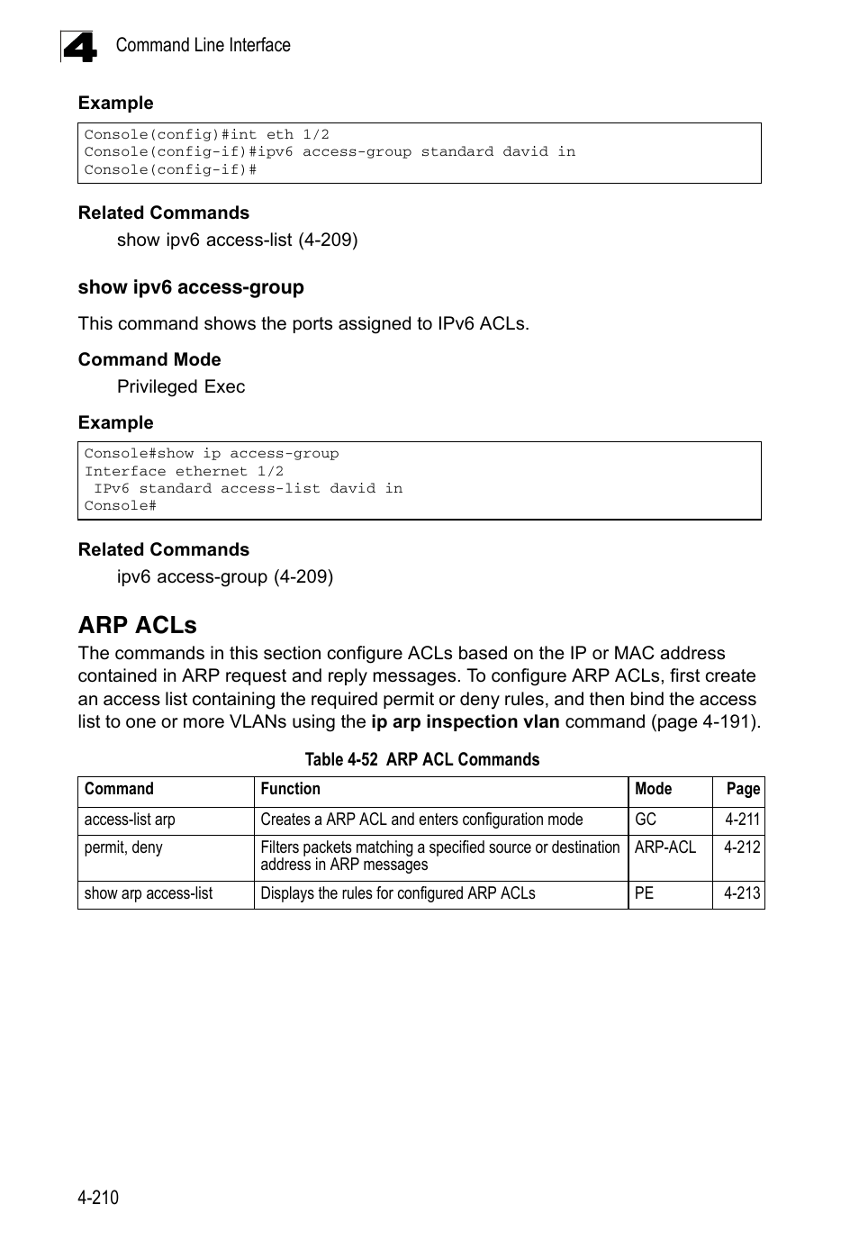 Arp acls, Show ipv6 access-group, Table 4-52 | Arp acl commands | LevelOne FGL-2870 User Manual | Page 576 / 800