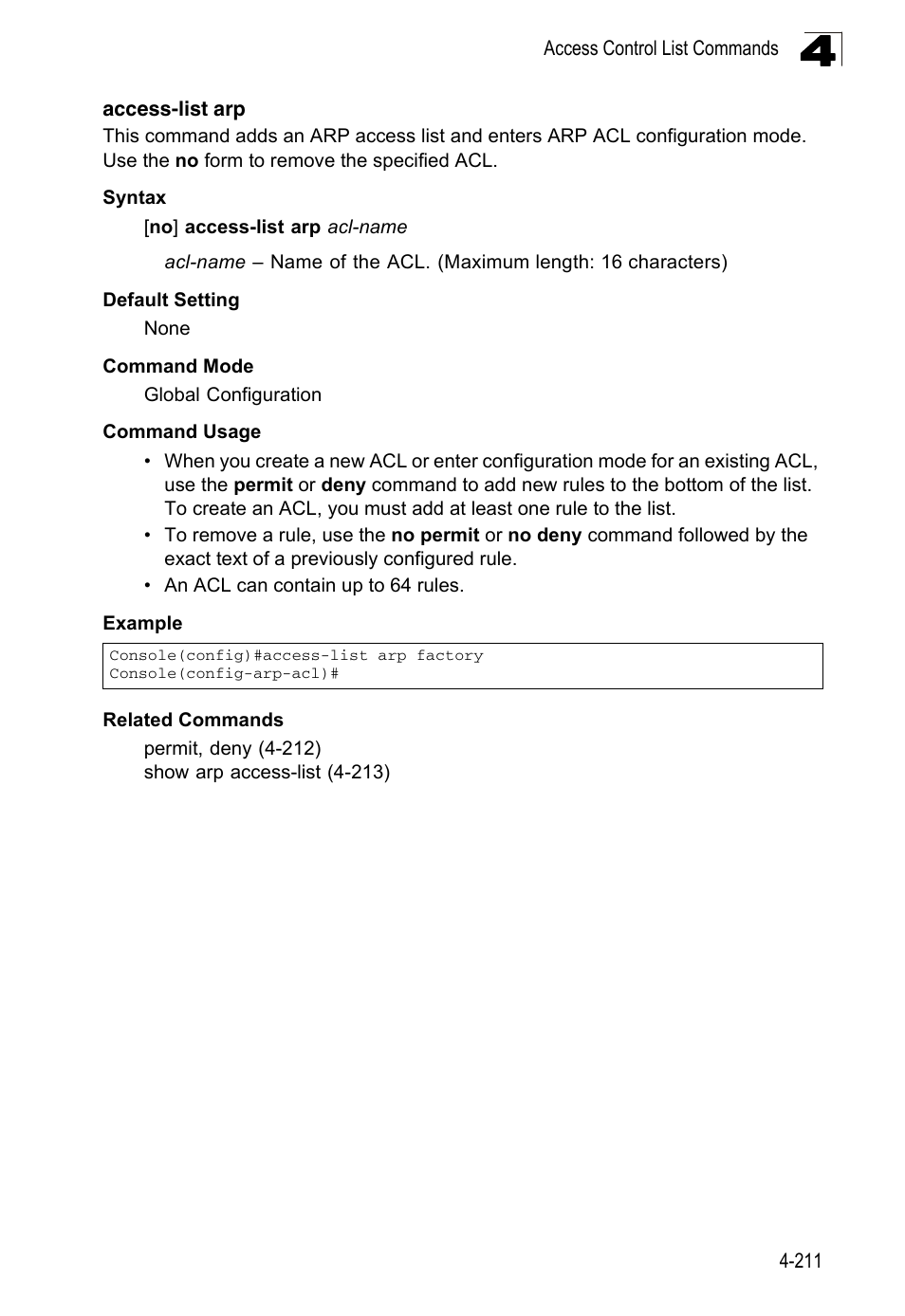 Access-list arp | LevelOne FGL-2870 User Manual | Page 577 / 800