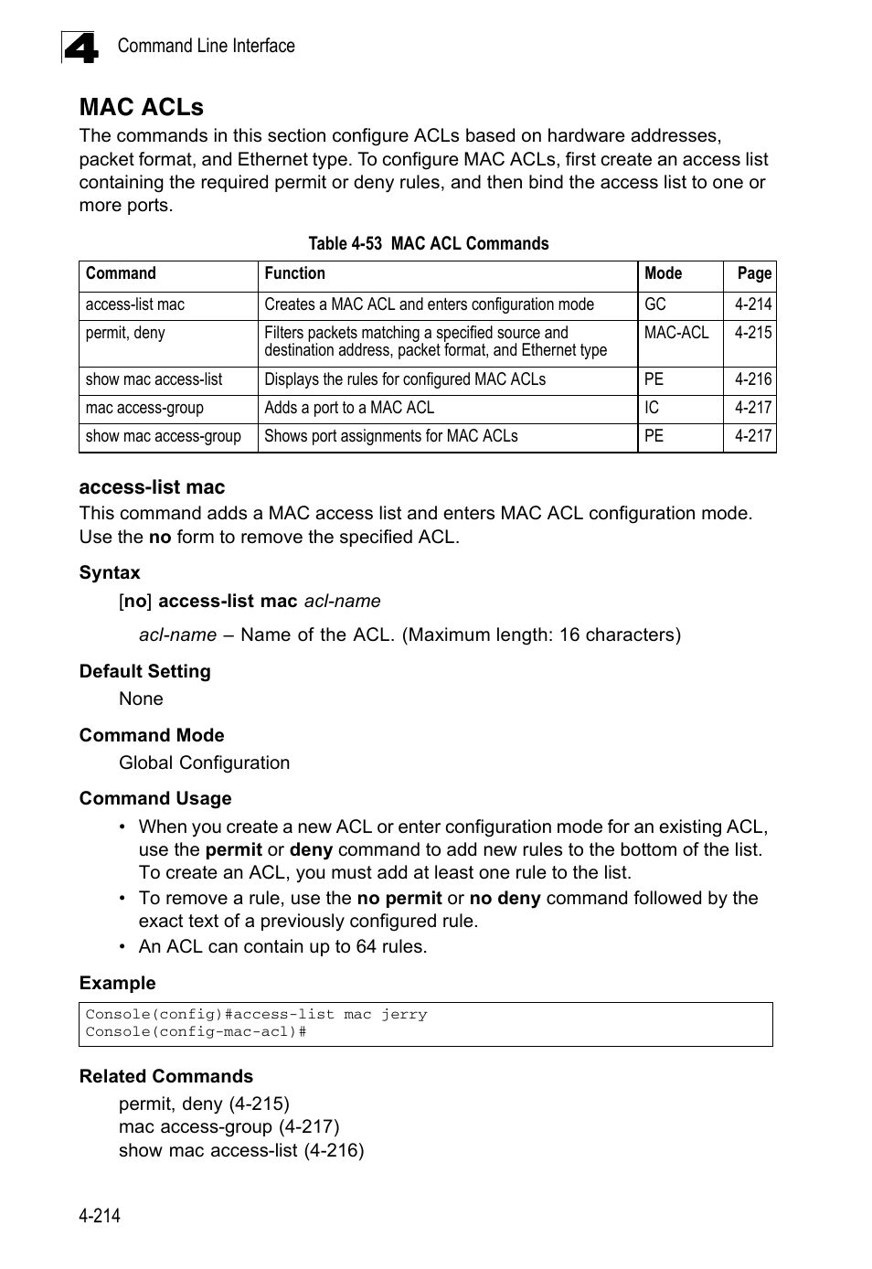Mac acls, Access-list mac, Table 4-53 | Mac acl commands | LevelOne FGL-2870 User Manual | Page 580 / 800