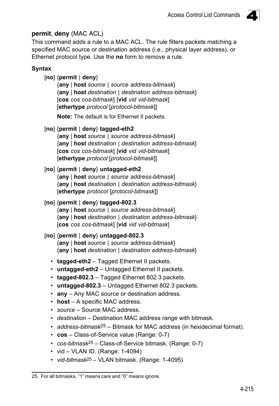 Permit, deny (mac acl), Ny (4-215) | LevelOne FGL-2870 User Manual | Page 581 / 800