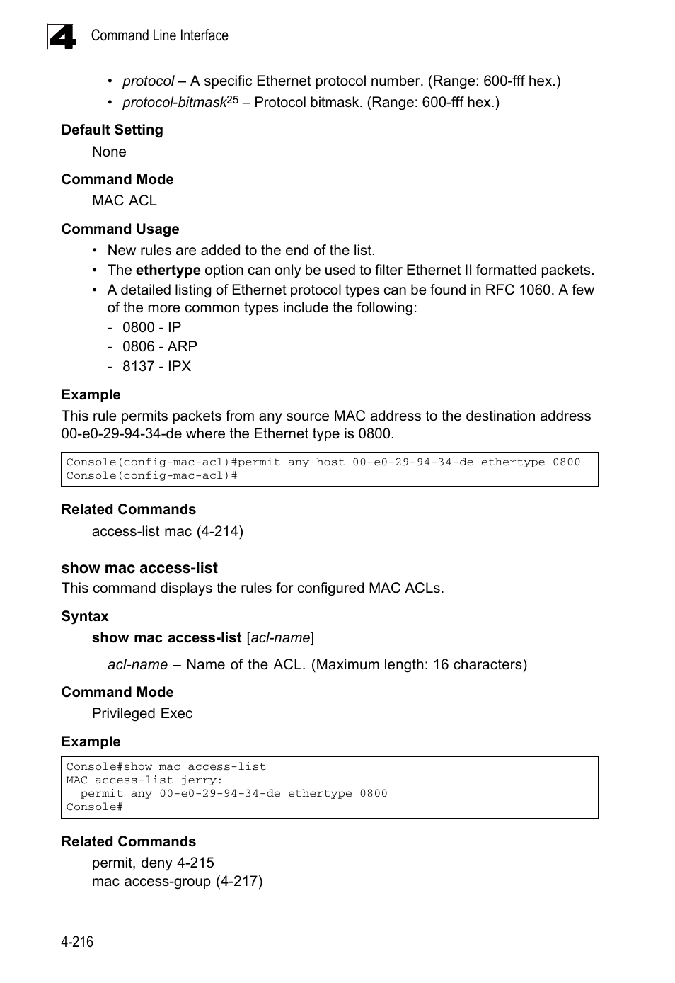Show mac access-list, Show mac access-list (4-216) | LevelOne FGL-2870 User Manual | Page 582 / 800