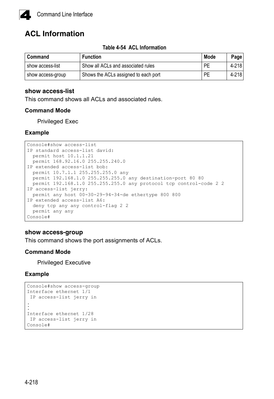 Acl information, Show access-list, Show access-group | Table 4-54 | LevelOne FGL-2870 User Manual | Page 584 / 800