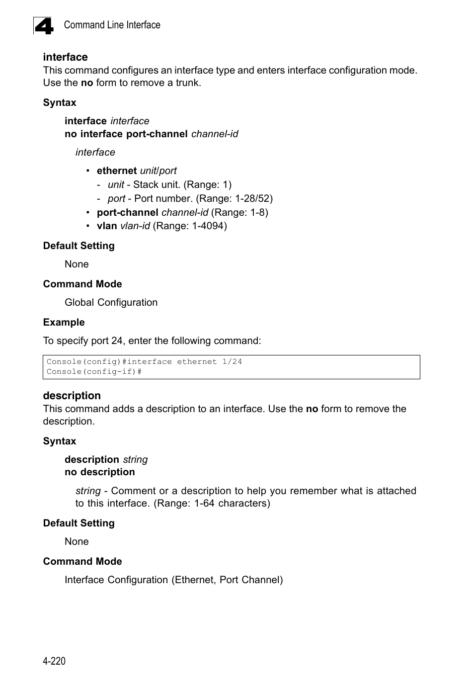 Interface, Description, Interface 4-220 description 4-220 | LevelOne FGL-2870 User Manual | Page 586 / 800