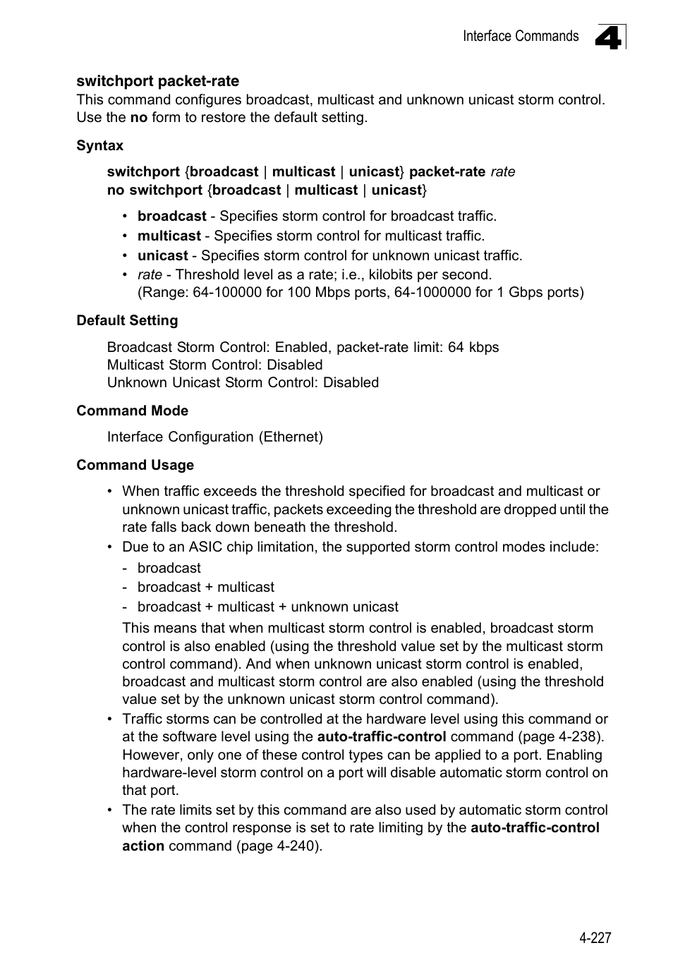Switchport packet-rate, Switchport packet-rate 4-227 | LevelOne FGL-2870 User Manual | Page 593 / 800