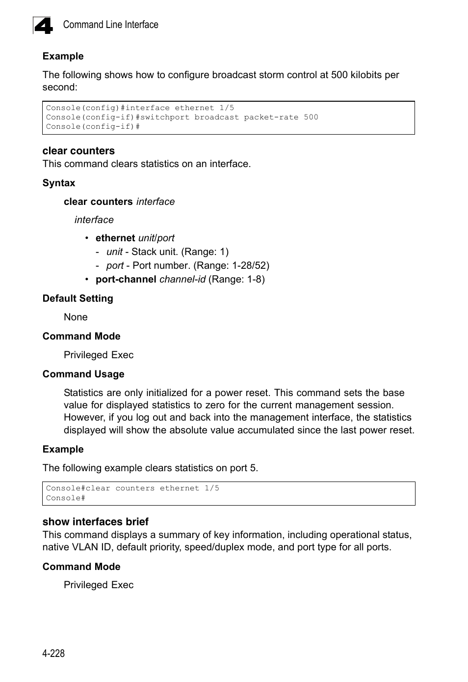 Clear counters, Show interfaces brief | LevelOne FGL-2870 User Manual | Page 594 / 800