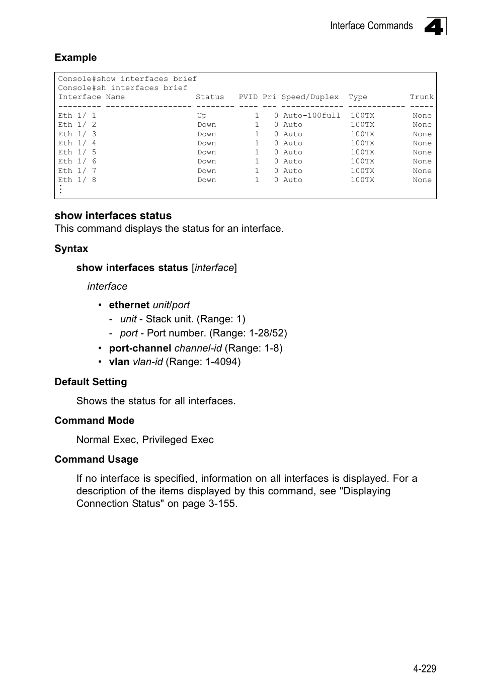 Show interfaces status, E show interfaces status co | LevelOne FGL-2870 User Manual | Page 595 / 800