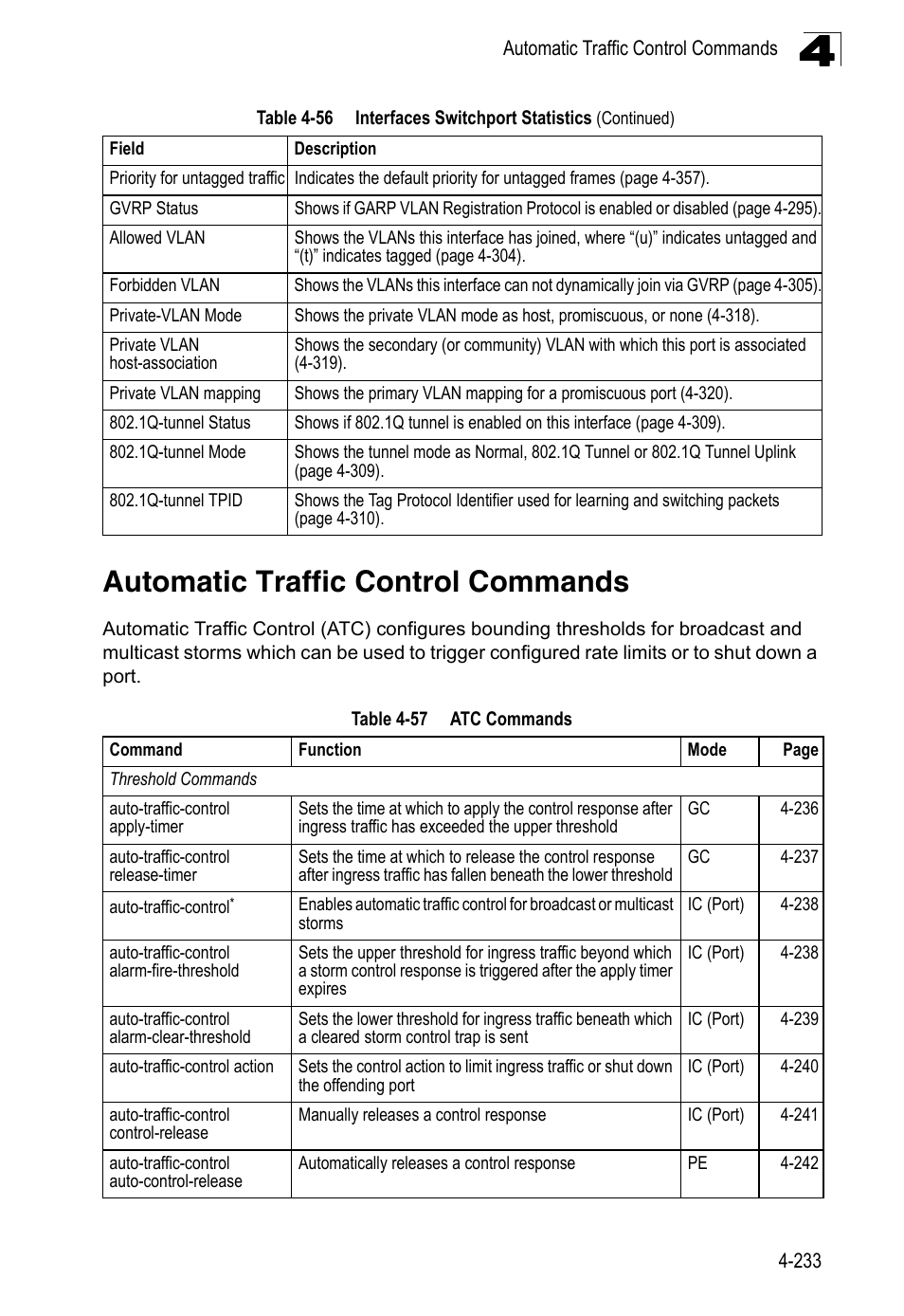 Automatic traffic control commands, Table 4-57, Atc commands | LevelOne FGL-2870 User Manual | Page 599 / 800