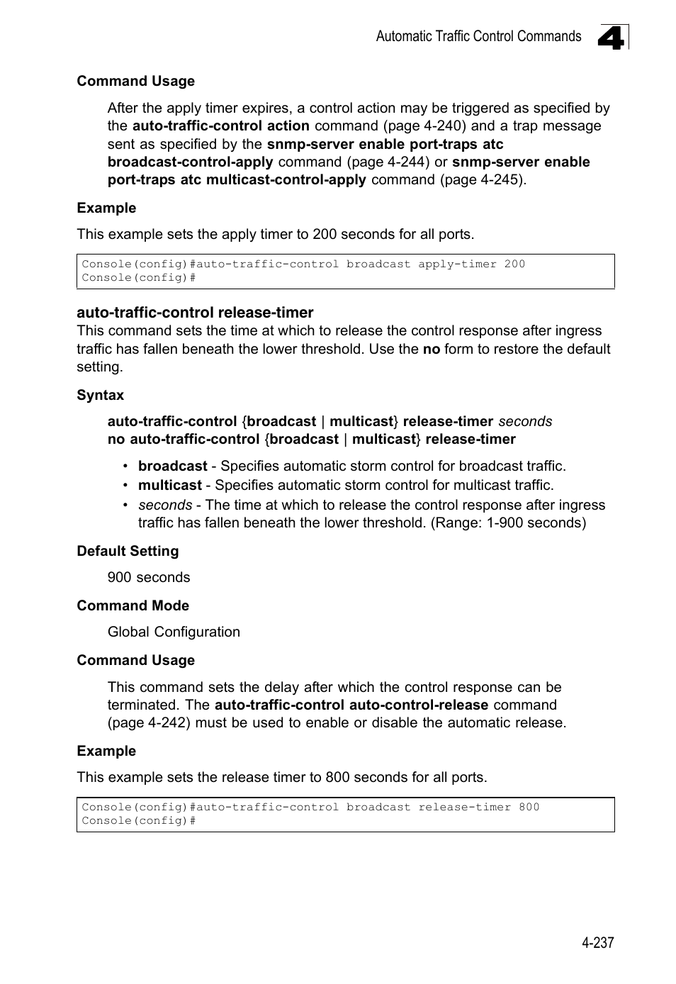 Auto-traffic-control release-timer, Auto-traffic-control release-timer 4-237 | LevelOne FGL-2870 User Manual | Page 603 / 800