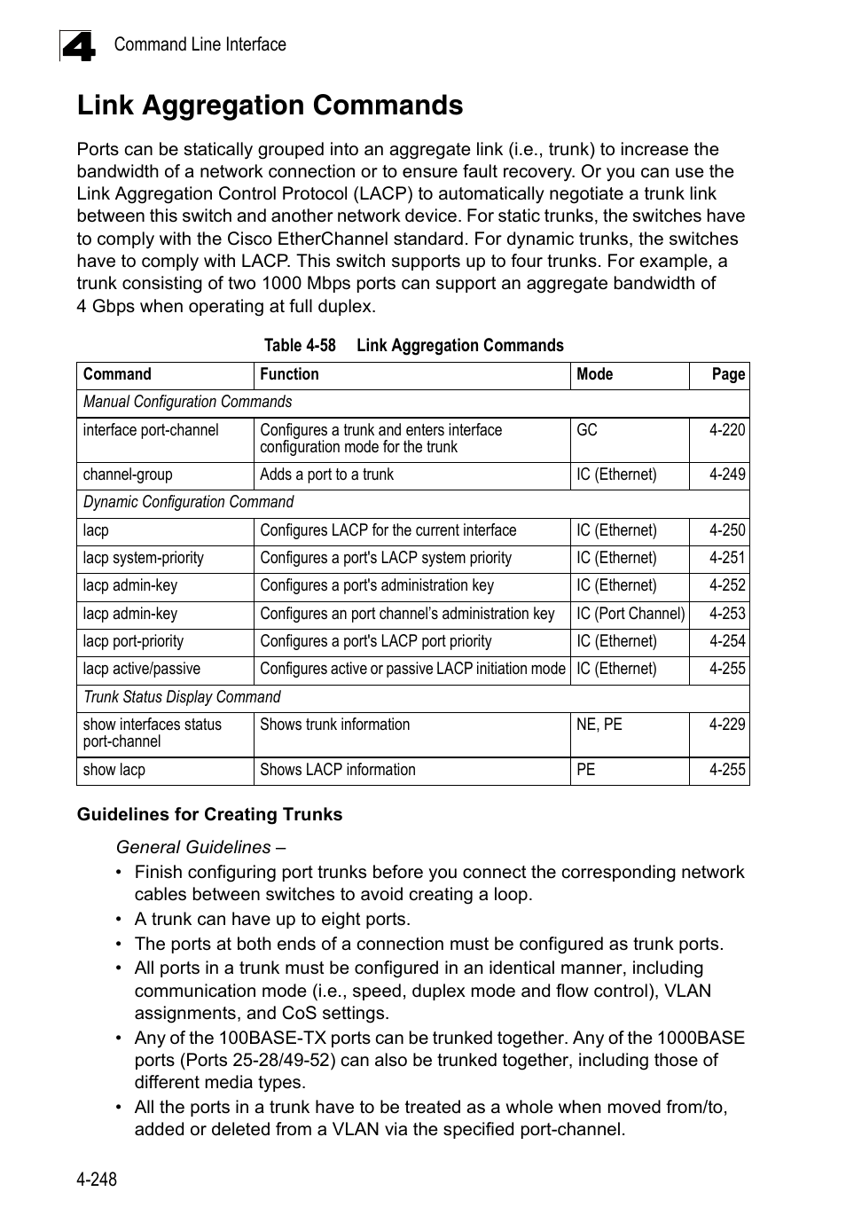 Link aggregation commands, Table 4-58 | LevelOne FGL-2870 User Manual | Page 614 / 800