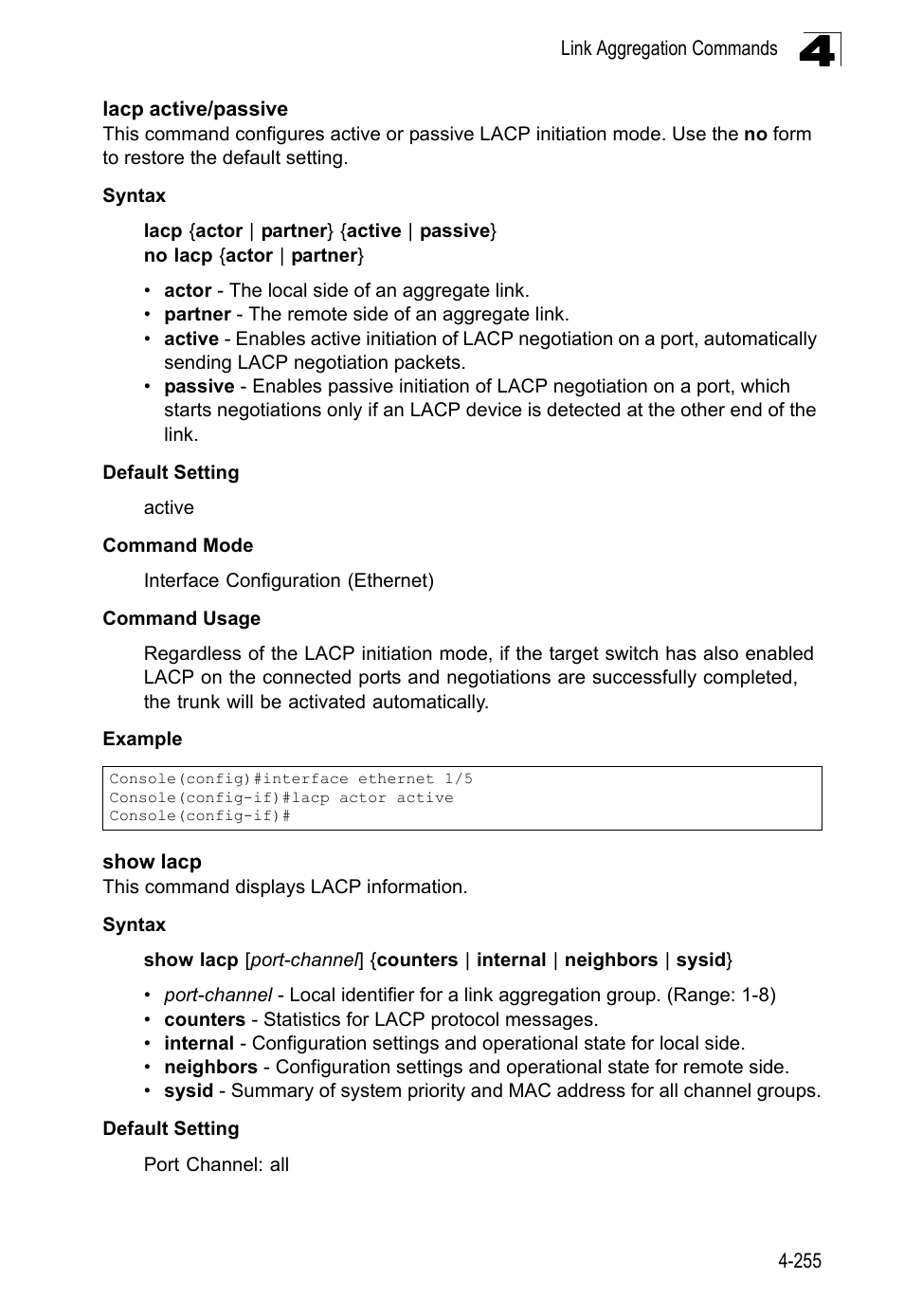 Lacp active/passive, Show lacp | LevelOne FGL-2870 User Manual | Page 621 / 800