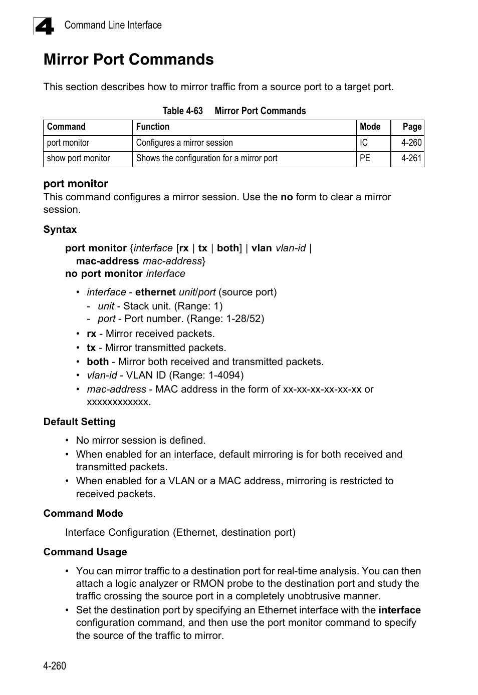 Mirror port commands, Port monitor, Table 4-63 | LevelOne FGL-2870 User Manual | Page 626 / 800