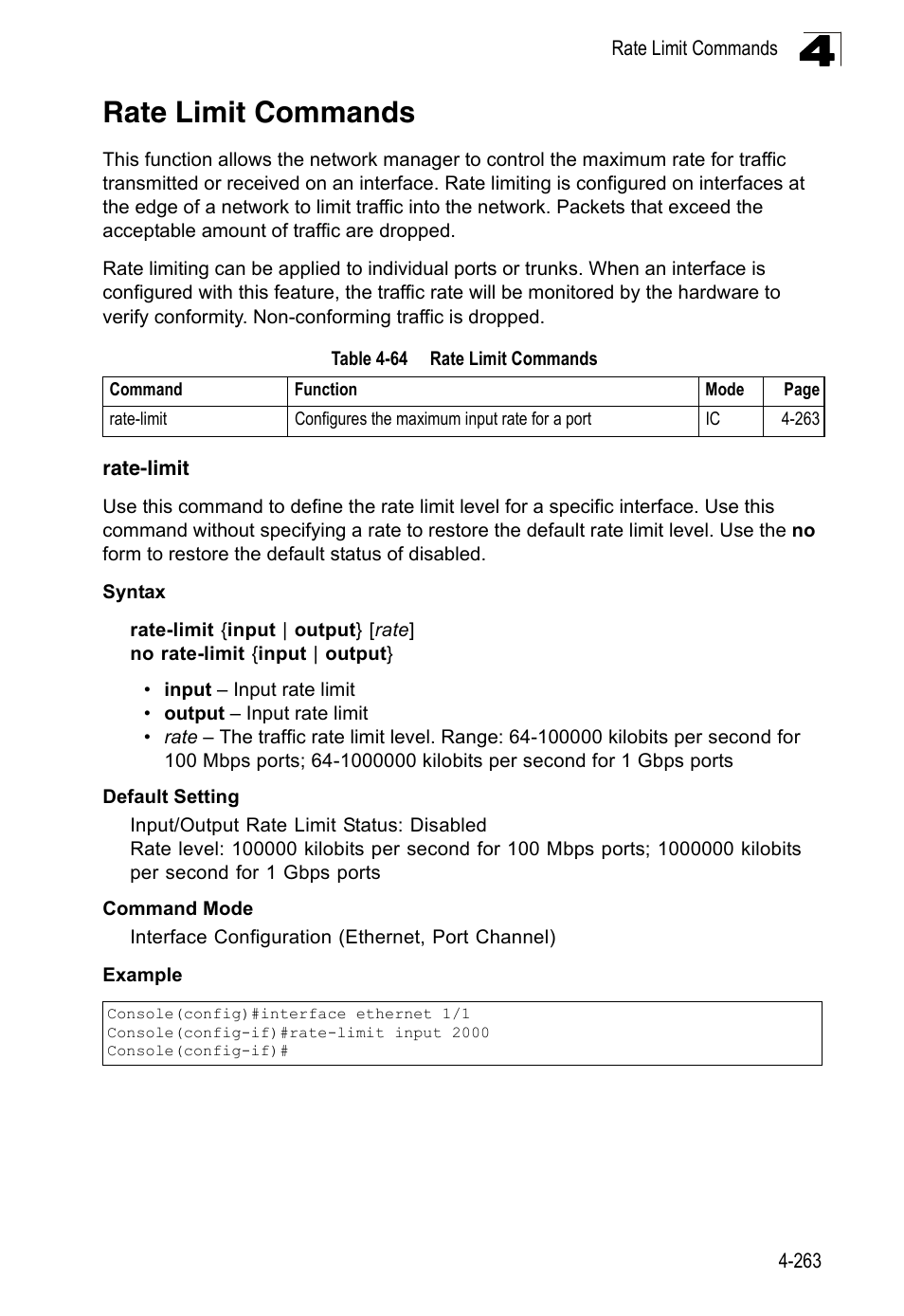 Rate limit commands, Rate-limit, Rate-limit 4-263 | Table 4-64 | LevelOne FGL-2870 User Manual | Page 629 / 800