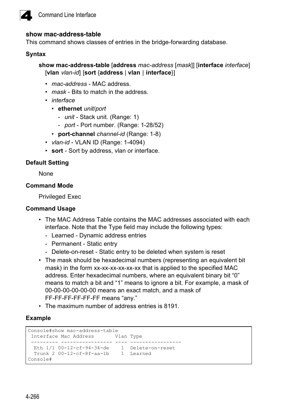 Show mac-address-table, Show mac-address-table (4-266) | LevelOne FGL-2870 User Manual | Page 632 / 800