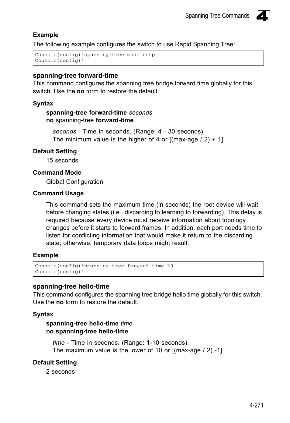Spanning-tree forward-time, Spanning-tree hello-time | LevelOne FGL-2870 User Manual | Page 637 / 800