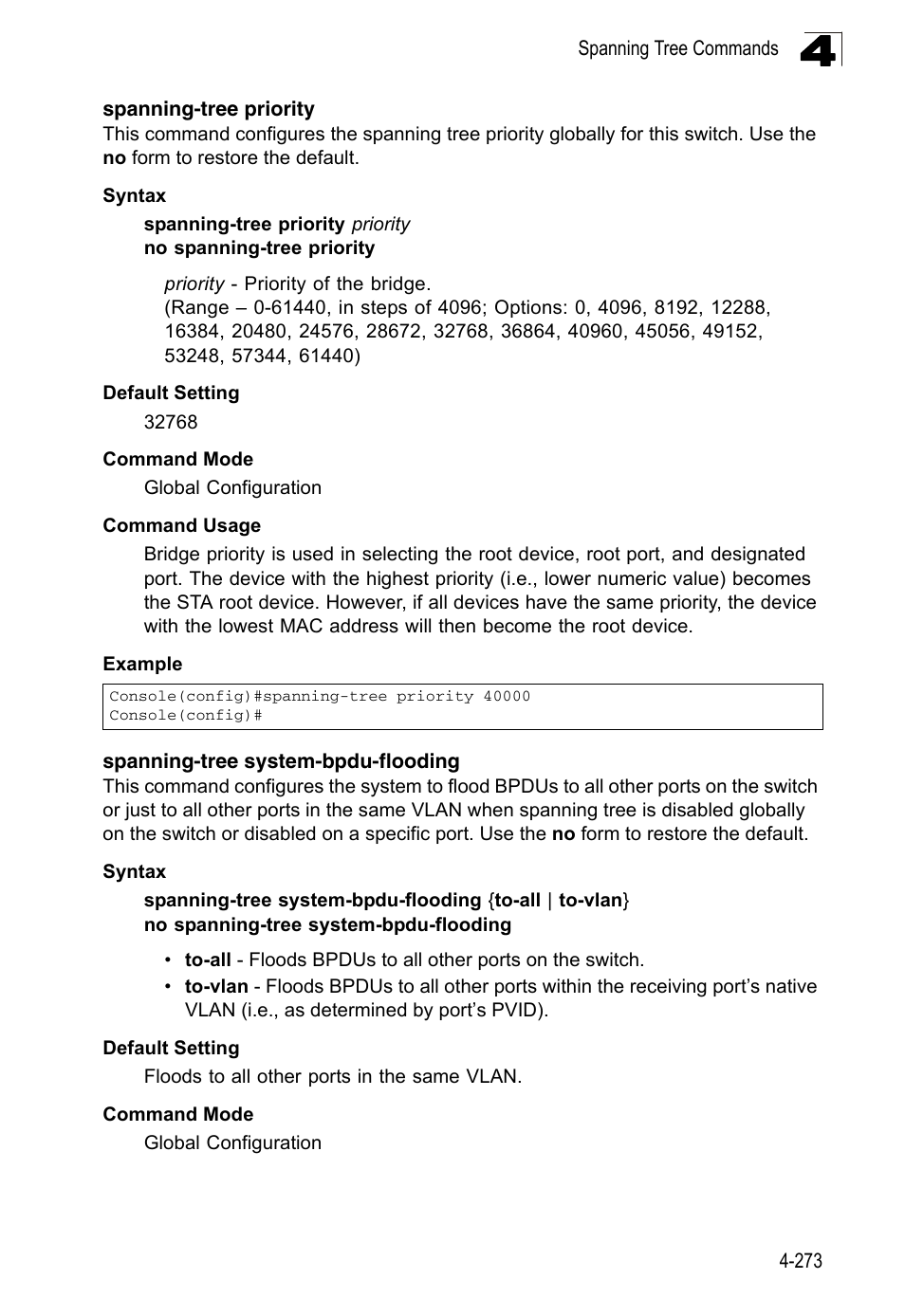 Spanning-tree priority, Spanning-tree system-bpdu-flooding | LevelOne FGL-2870 User Manual | Page 639 / 800