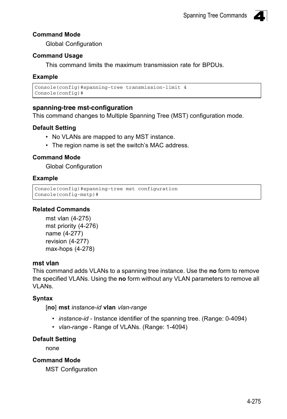 Spanning-tree mst-configuration, Mst vlan | LevelOne FGL-2870 User Manual | Page 641 / 800