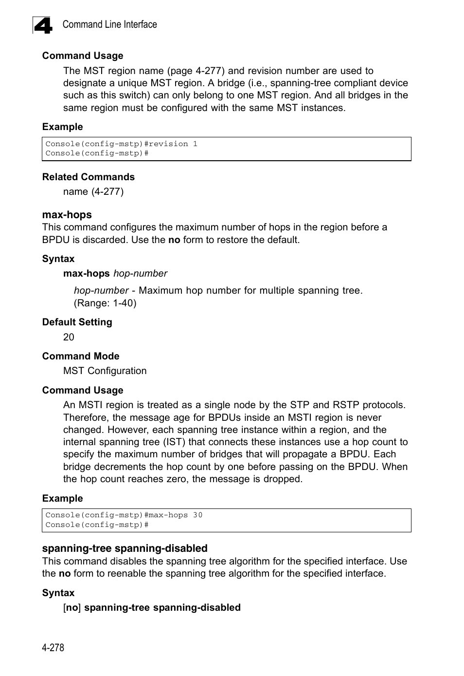 Max-hops, Spanning-tree spanning-disabled, Max-hops 4-278 spanning-tree spanning-disabled | Max-hops (4-278) | LevelOne FGL-2870 User Manual | Page 644 / 800