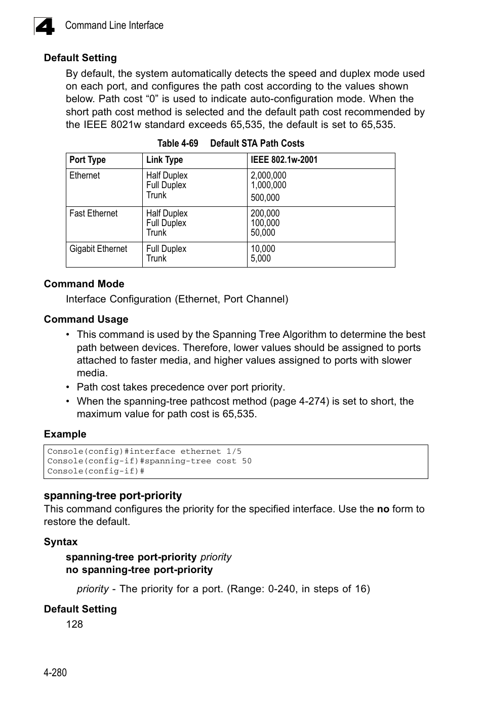 Spanning-tree port-priority, Table 4-69, Default sta path costs | Age 4-280) | LevelOne FGL-2870 User Manual | Page 646 / 800