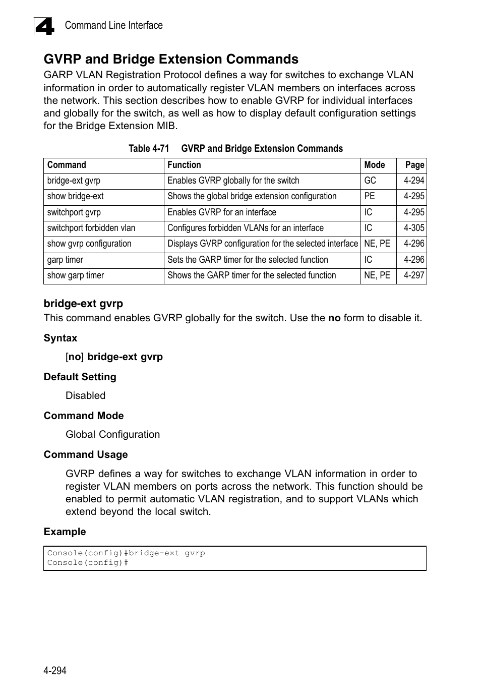 Gvrp and bridge extension commands, Bridge-ext gvrp, Table 4-71 | LevelOne FGL-2870 User Manual | Page 660 / 800