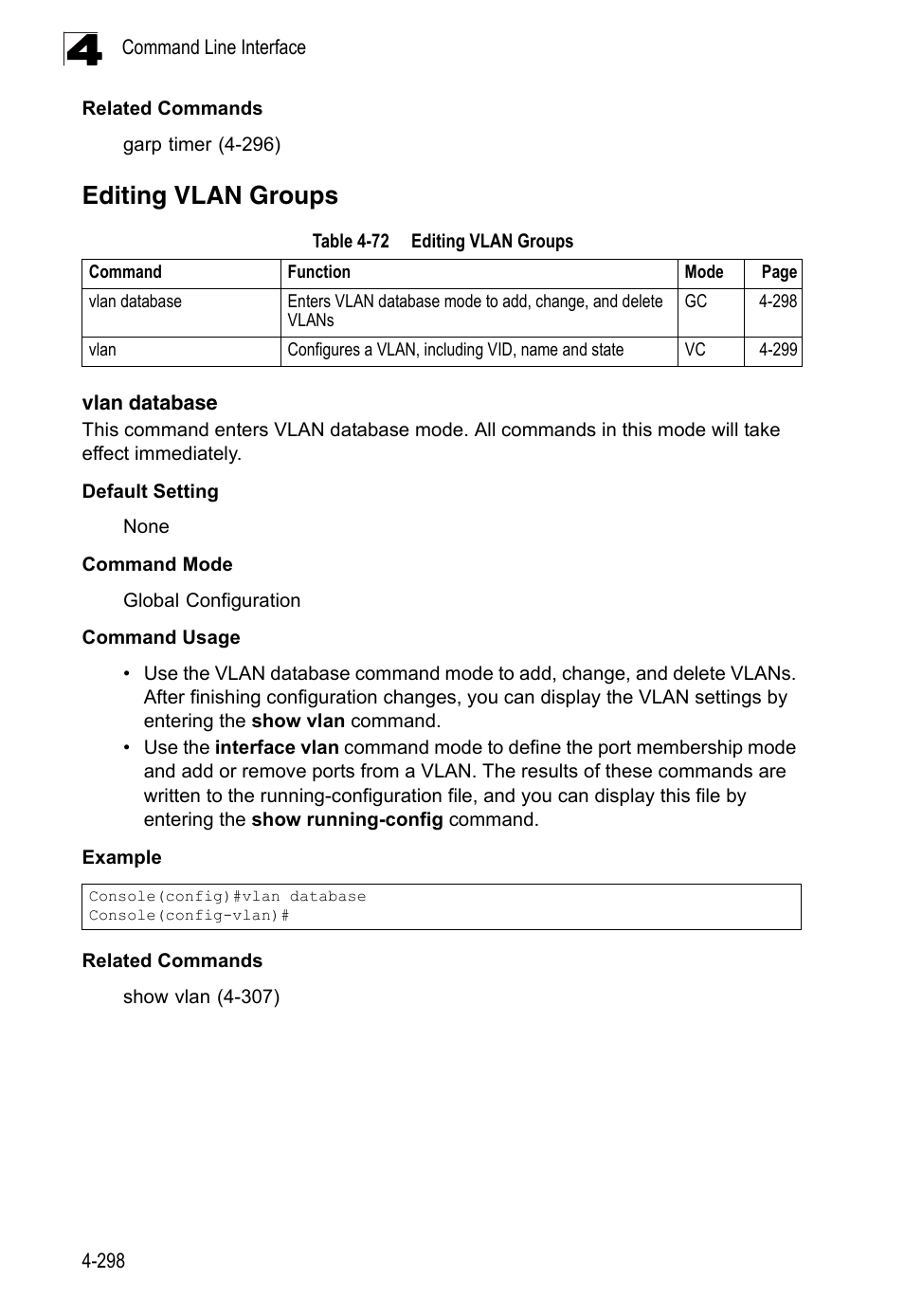 Editing vlan groups, Vlan database, Table 4-72 | LevelOne FGL-2870 User Manual | Page 664 / 800