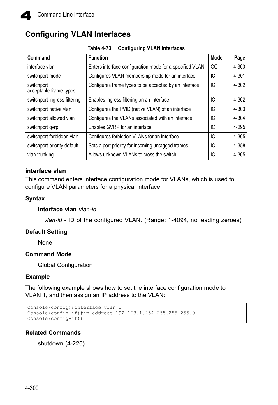 Configuring vlan interfaces, Interface vlan, Table 4-73 | LevelOne FGL-2870 User Manual | Page 666 / 800