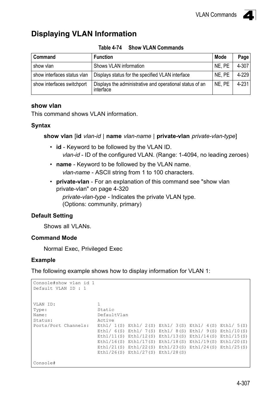 Displaying vlan information, Show vlan, Table 4-74 | Show vlan commands, Show vlan (4-307) | LevelOne FGL-2870 User Manual | Page 673 / 800