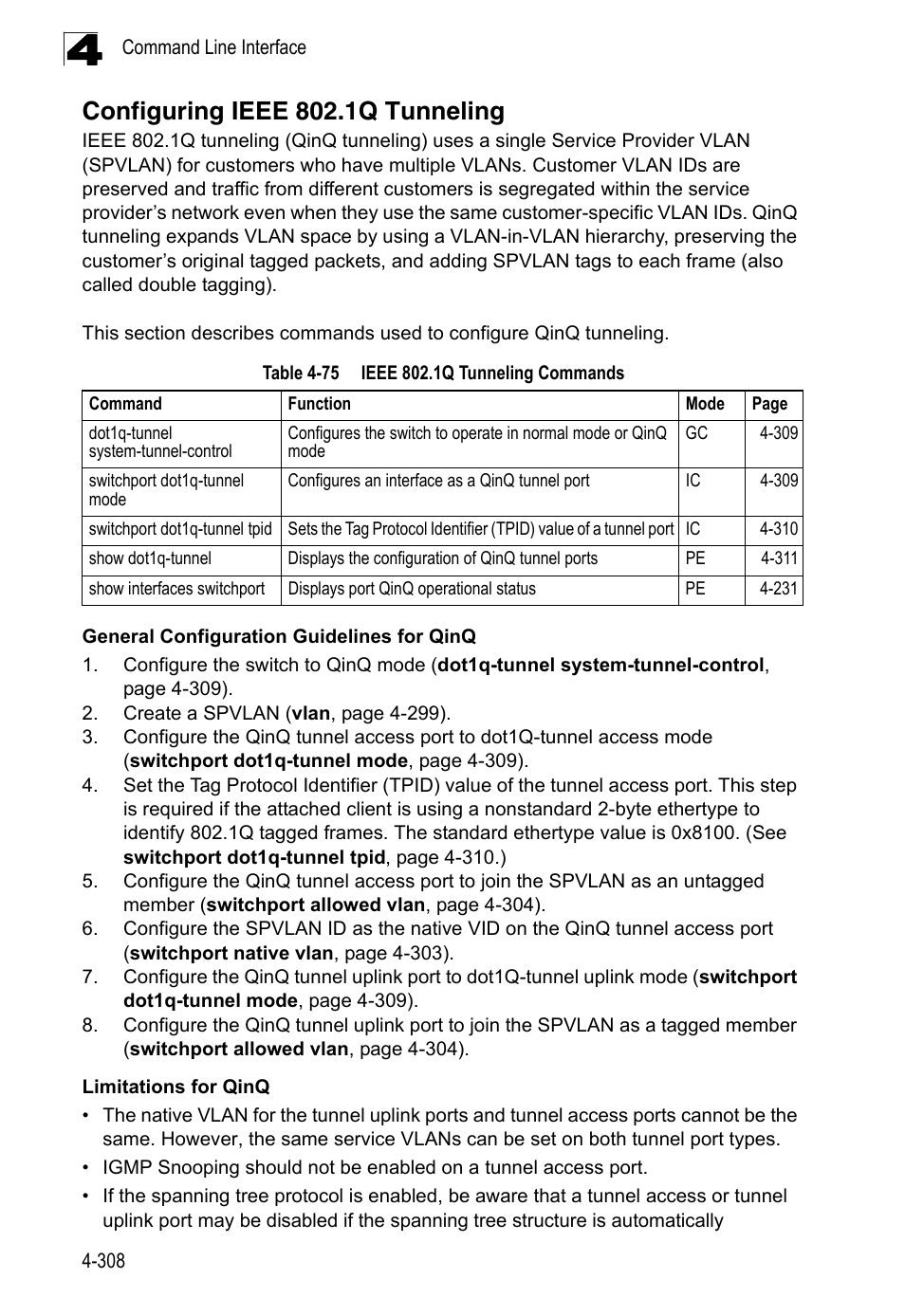 Configuring ieee 802.1q tunneling, Table 4-75, Ieee 802.1q tunneling commands | LevelOne FGL-2870 User Manual | Page 674 / 800