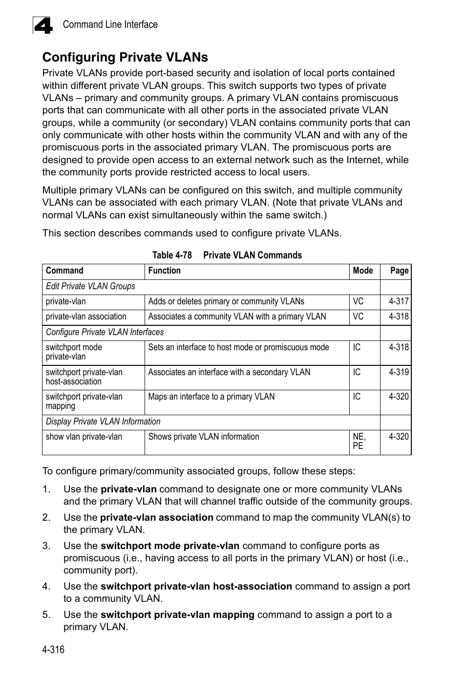 Configuring private vlans, Table 4-78, Private vlan commands | LevelOne FGL-2870 User Manual | Page 682 / 800