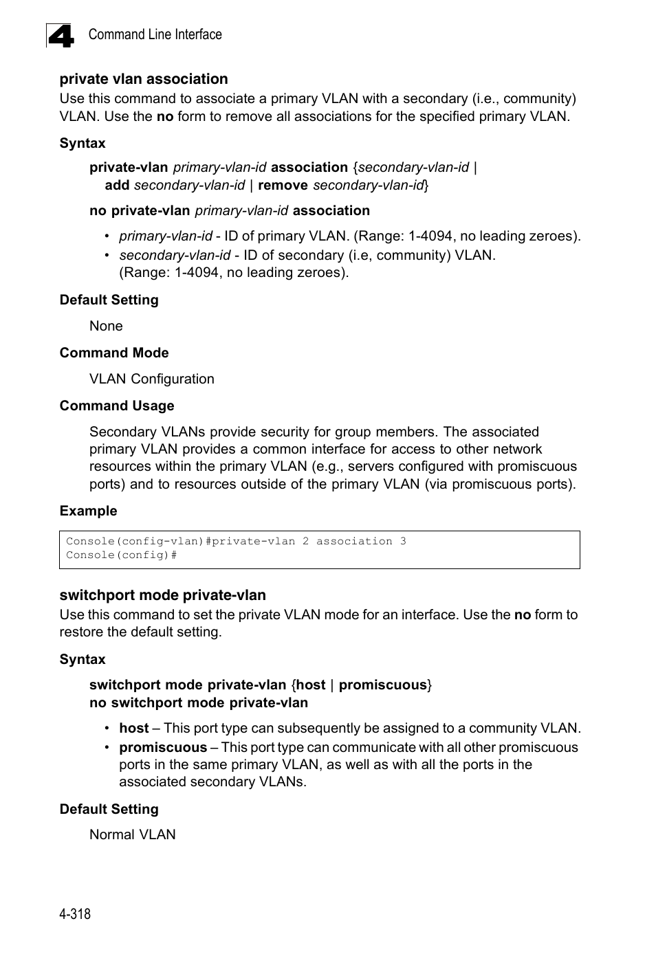 Private vlan association, Switchport mode private-vlan, Switchport mode | LevelOne FGL-2870 User Manual | Page 684 / 800