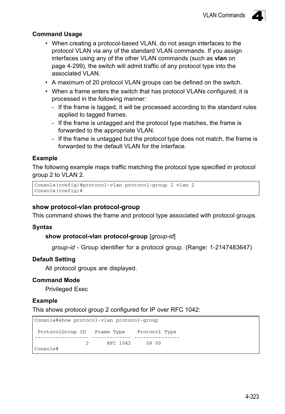 Show protocol-vlan protocol-group | LevelOne FGL-2870 User Manual | Page 689 / 800