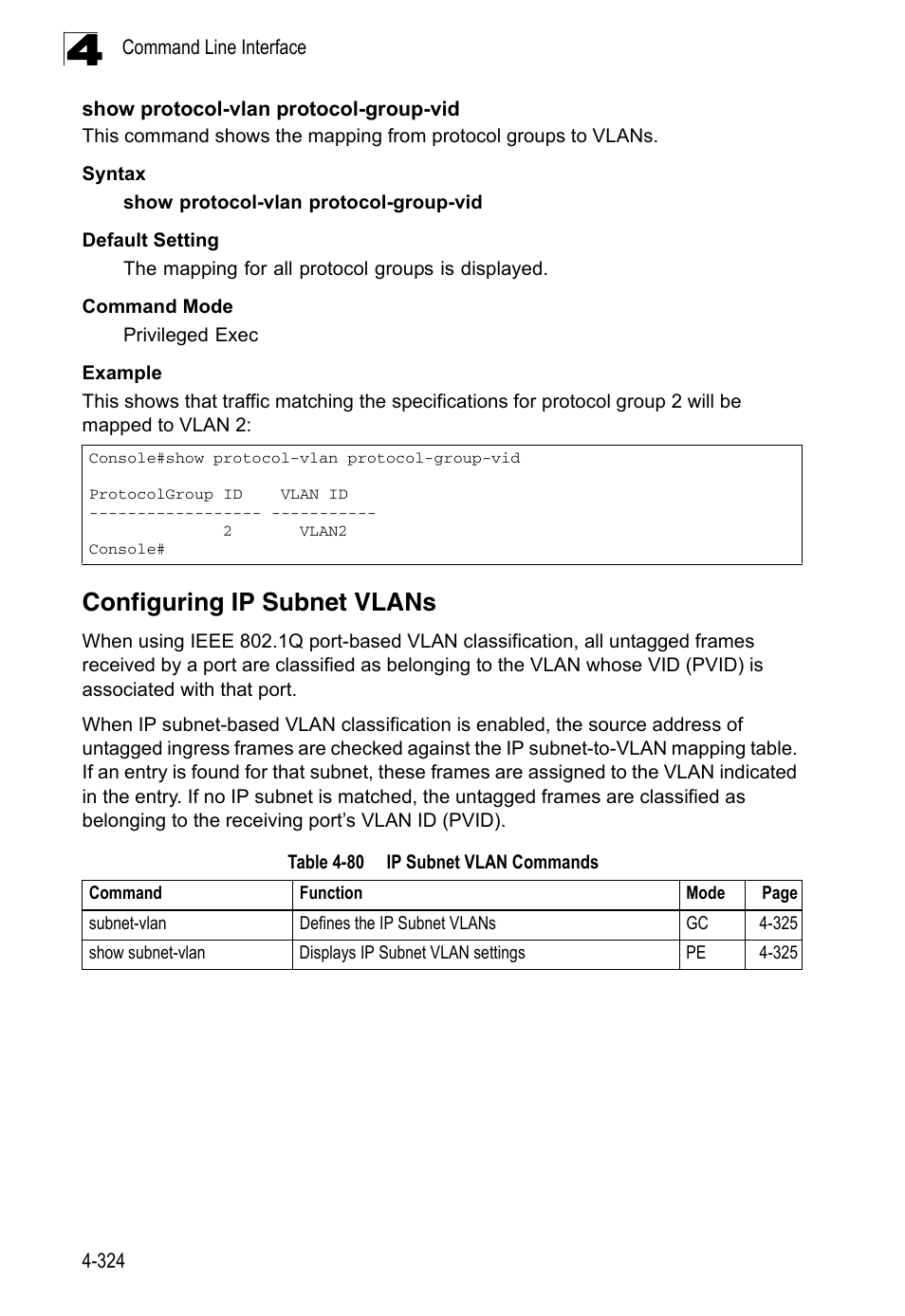 Configuring ip subnet vlans, Show protocol-vlan protocol-group-vid, Table 4-80 | Ip subnet vlan commands | LevelOne FGL-2870 User Manual | Page 690 / 800