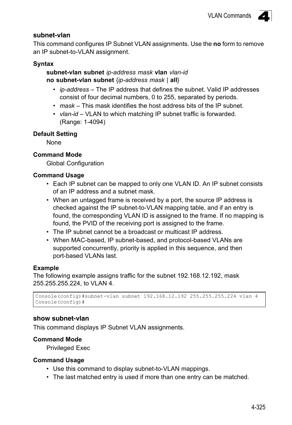 Subnet-vlan 4-325 show subnet-vlan | LevelOne FGL-2870 User Manual | Page 691 / 800