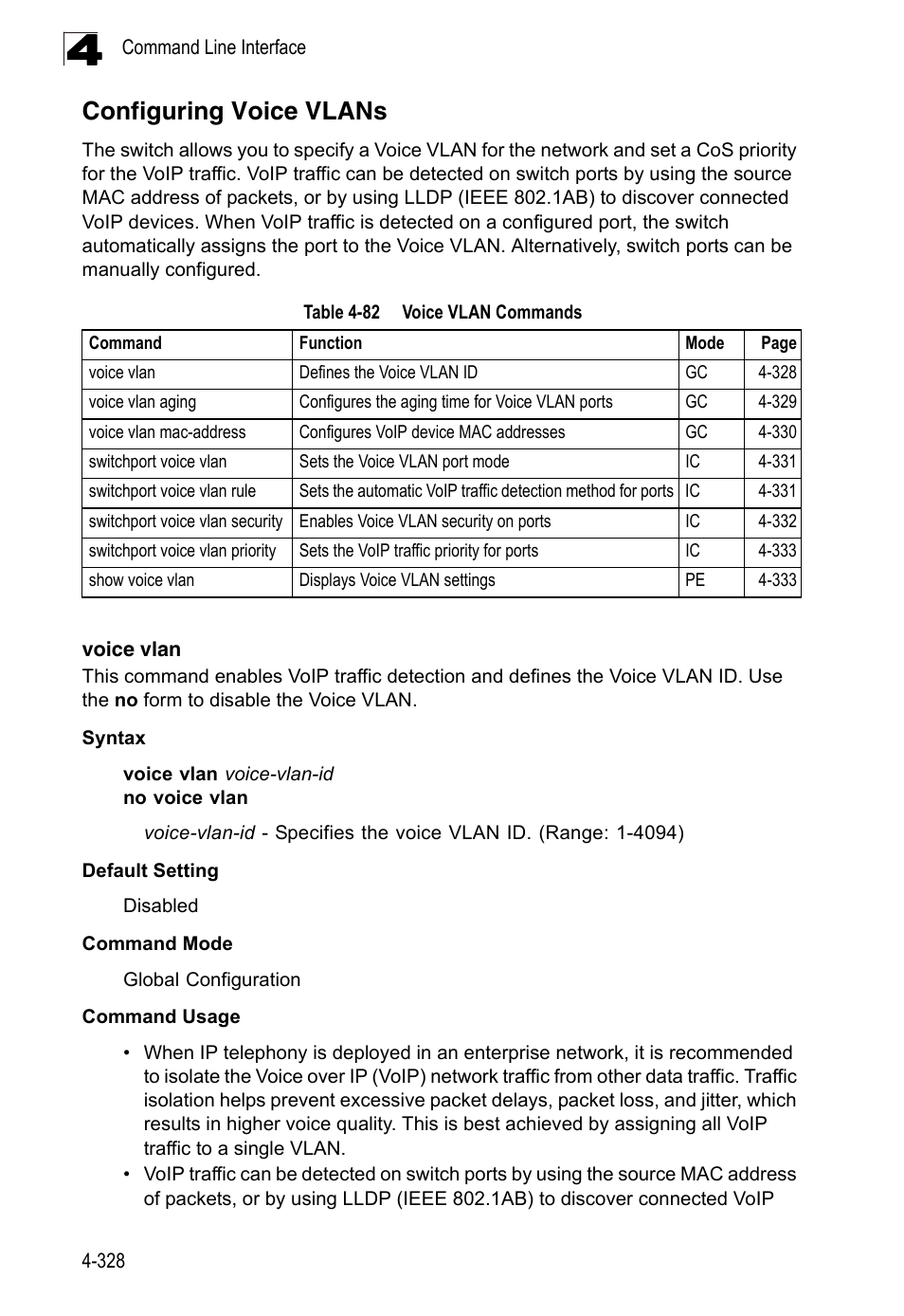 Configuring voice vlans, Voice vlan, Table 4-82 | Voice vlan commands | LevelOne FGL-2870 User Manual | Page 694 / 800