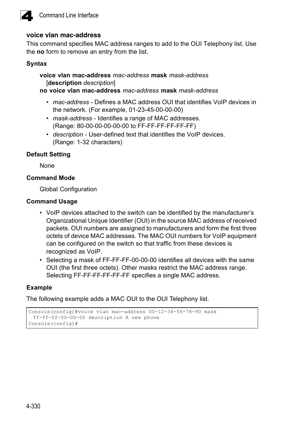 Voice vlan mac-address | LevelOne FGL-2870 User Manual | Page 696 / 800