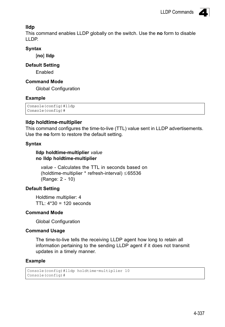 Lldp, Lldp holdtime-multiplier, Lldp 4-337 lldp holdtime-multiplier | LevelOne FGL-2870 User Manual | Page 703 / 800