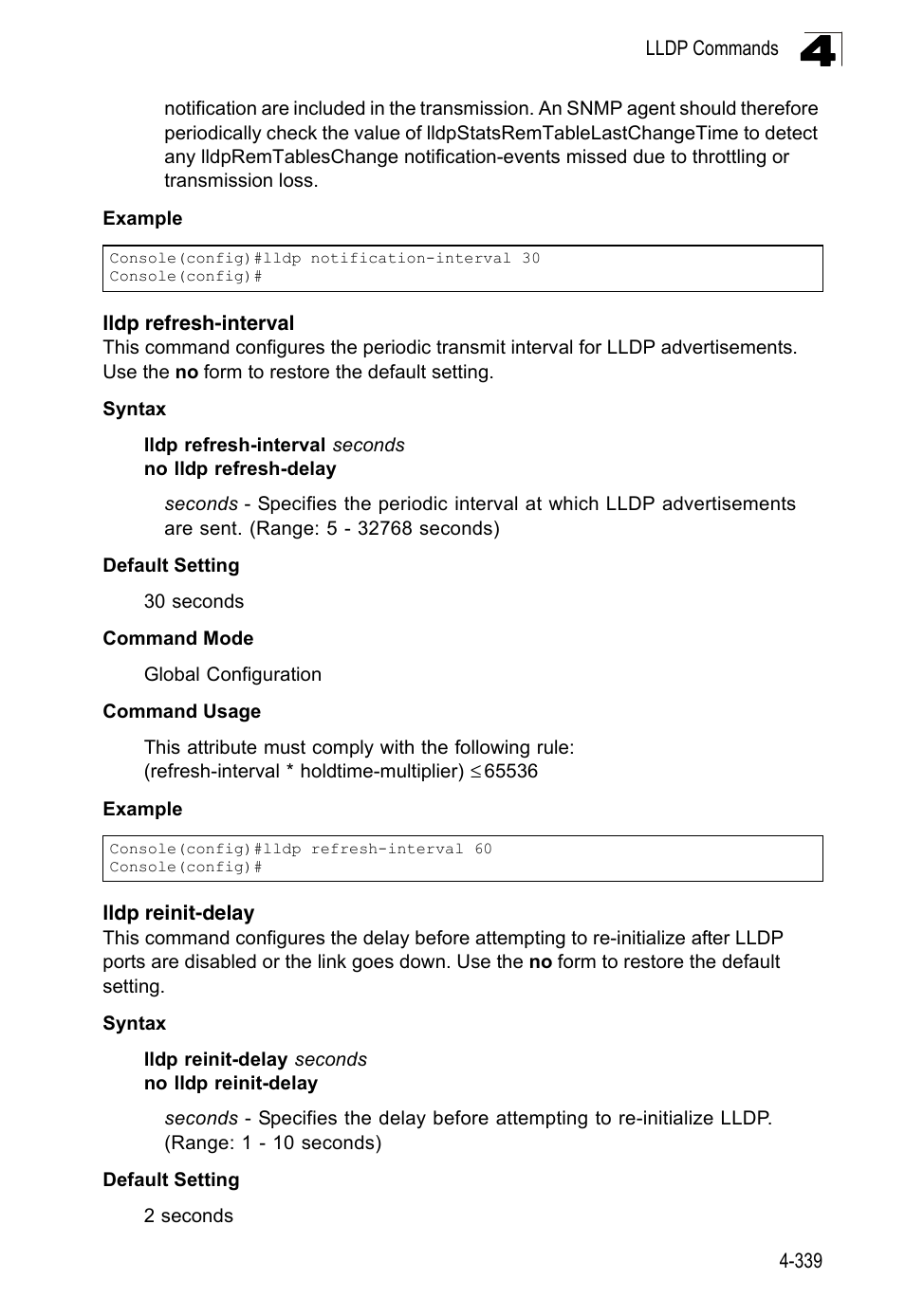 Lldp refresh-interval, Lldp reinit-delay | LevelOne FGL-2870 User Manual | Page 705 / 800
