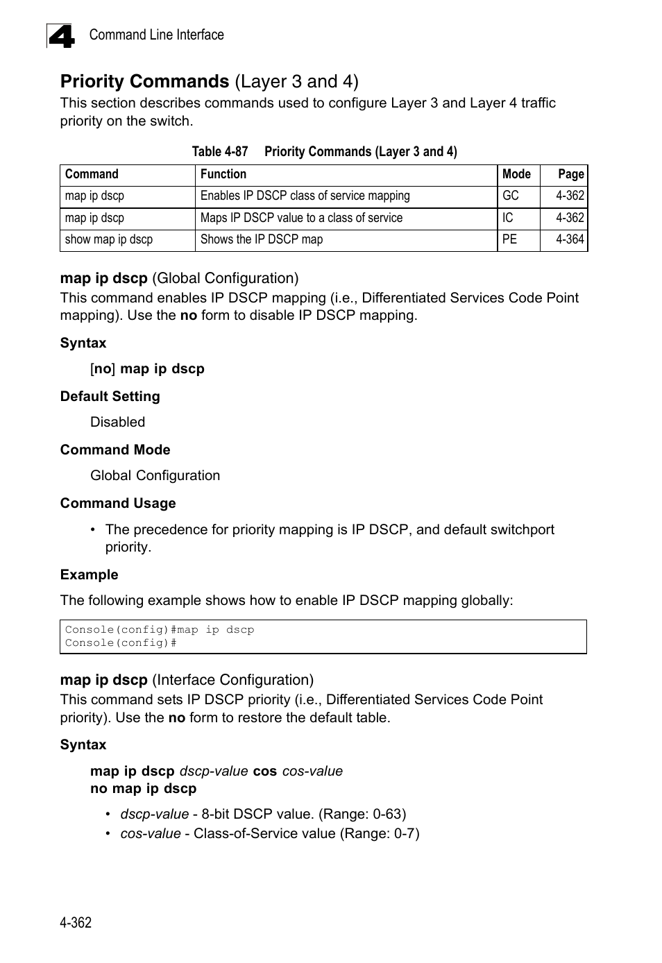 Priority commands (layer 3 and 4), Map ip dscp (global configuration), Map ip dscp (interface configuration) | Table 4-87 | LevelOne FGL-2870 User Manual | Page 728 / 800