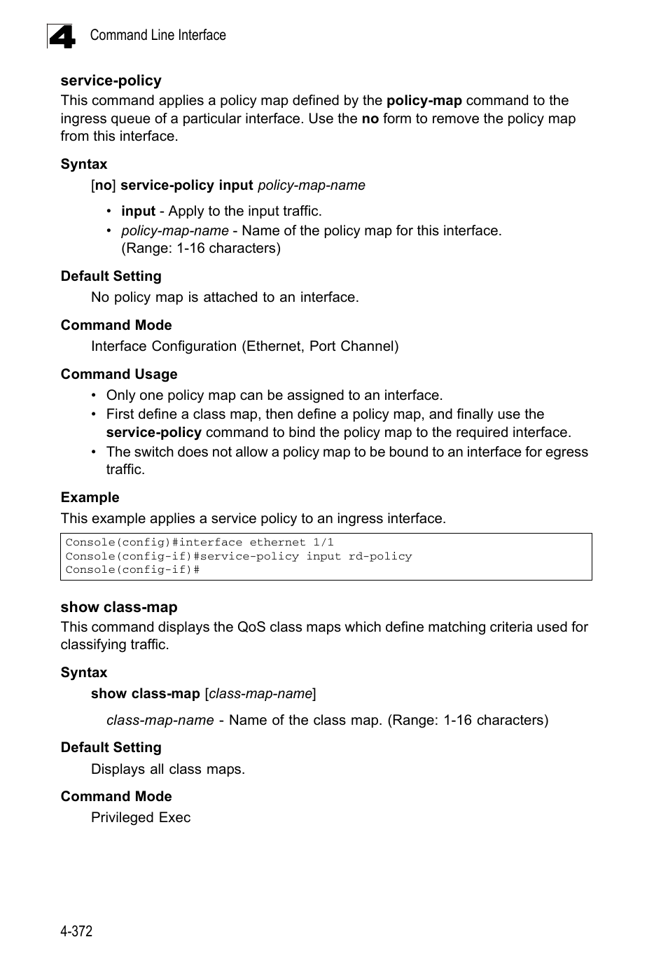 Service-policy 4-372 show class-map | LevelOne FGL-2870 User Manual | Page 738 / 800