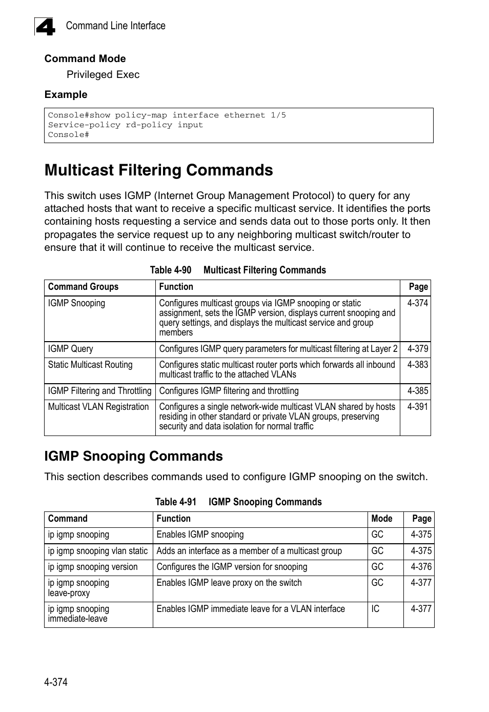 Multicast filtering commands, Igmp snooping commands, Table 4-90 | Table 4-91 | LevelOne FGL-2870 User Manual | Page 740 / 800