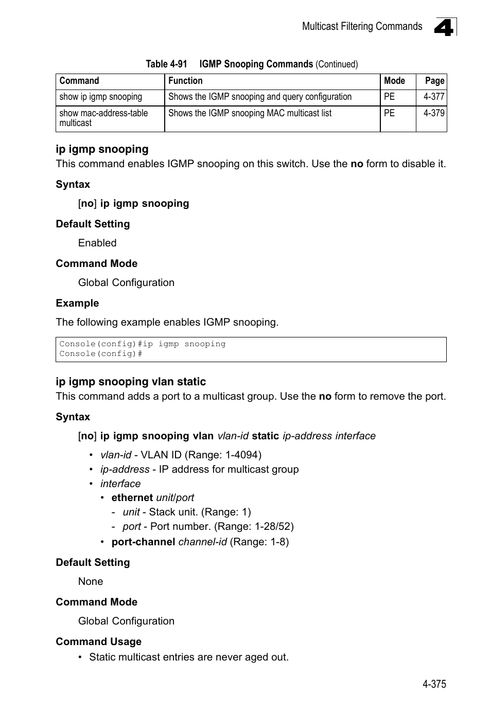 Ip igmp snooping, Ip igmp snooping vlan static | LevelOne FGL-2870 User Manual | Page 741 / 800