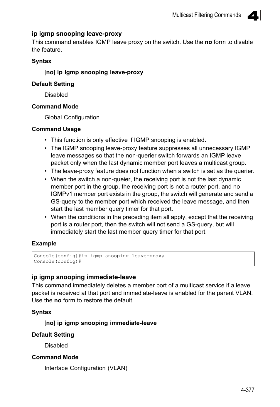 Ip igmp snooping leave-proxy, Ip igmp snooping immediate-leave | LevelOne FGL-2870 User Manual | Page 743 / 800