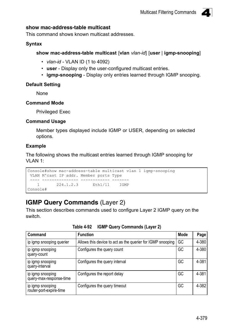 Igmp query commands (layer 2), Show mac-address-table multicast, Table 4-92 | LevelOne FGL-2870 User Manual | Page 745 / 800