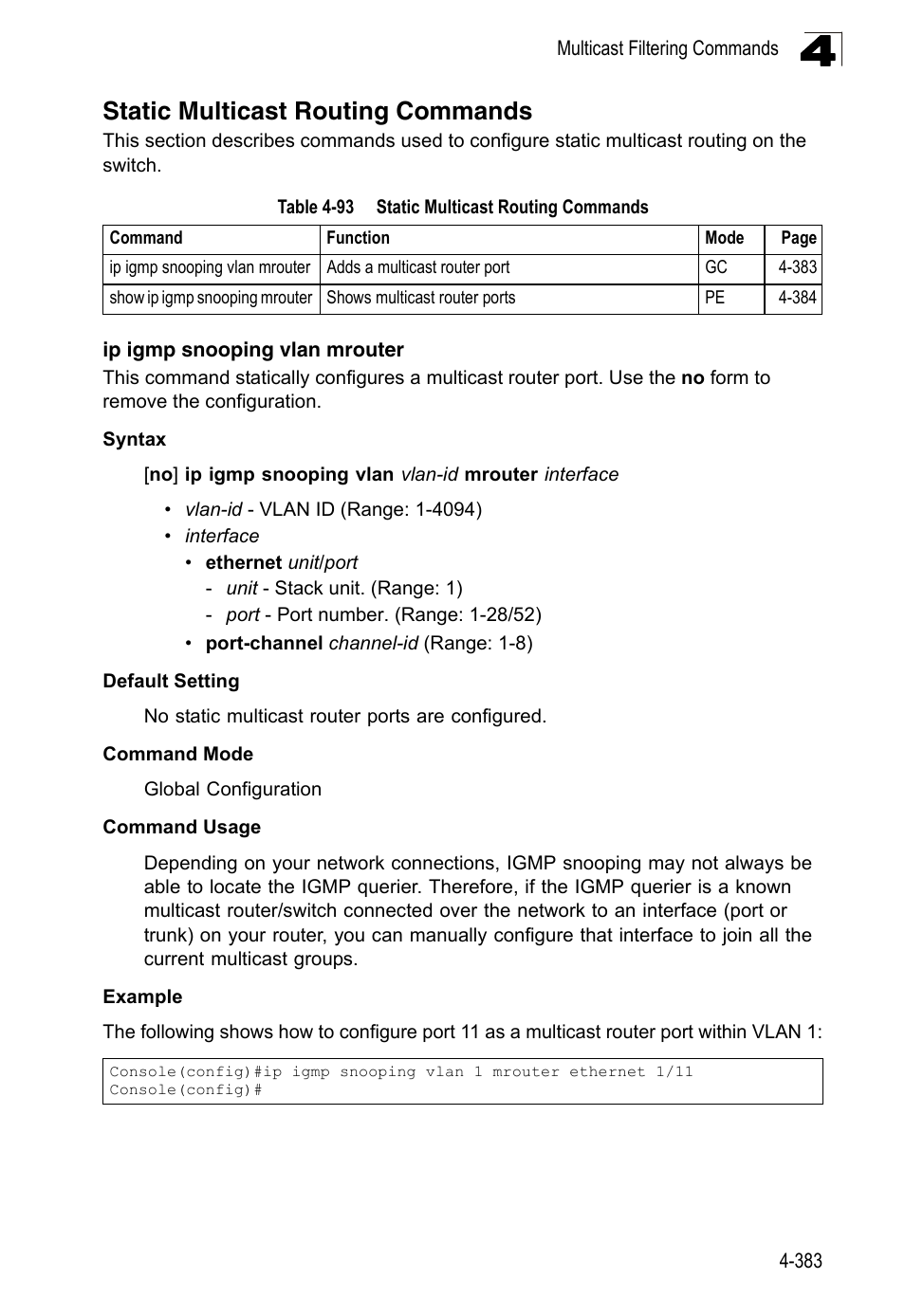 Static multicast routing commands, Ip igmp snooping vlan mrouter, Table 4-93 | LevelOne FGL-2870 User Manual | Page 749 / 800