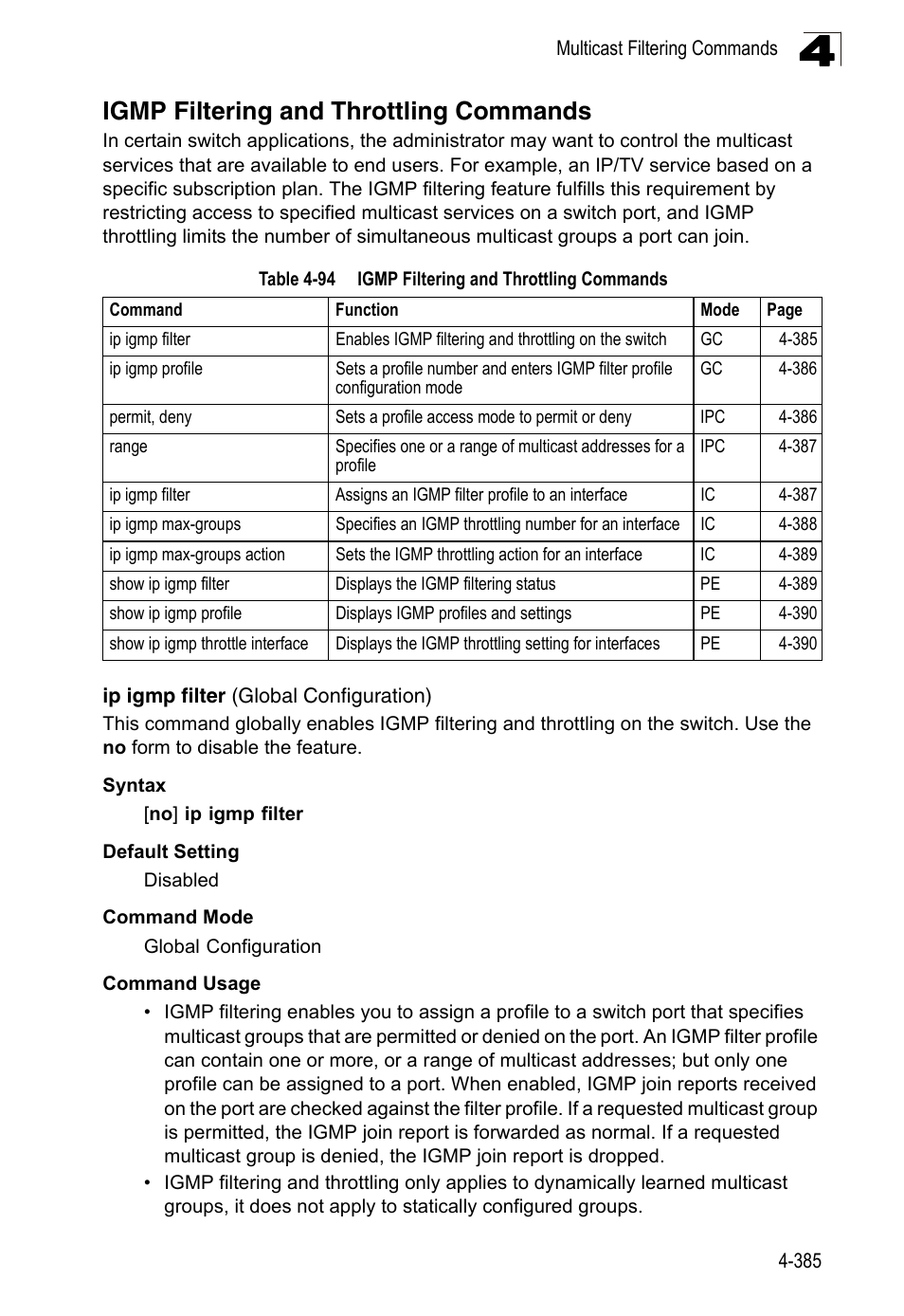Igmp filtering and throttling commands, Ip igmp filter (global configuration), Table 4-94 | LevelOne FGL-2870 User Manual | Page 751 / 800