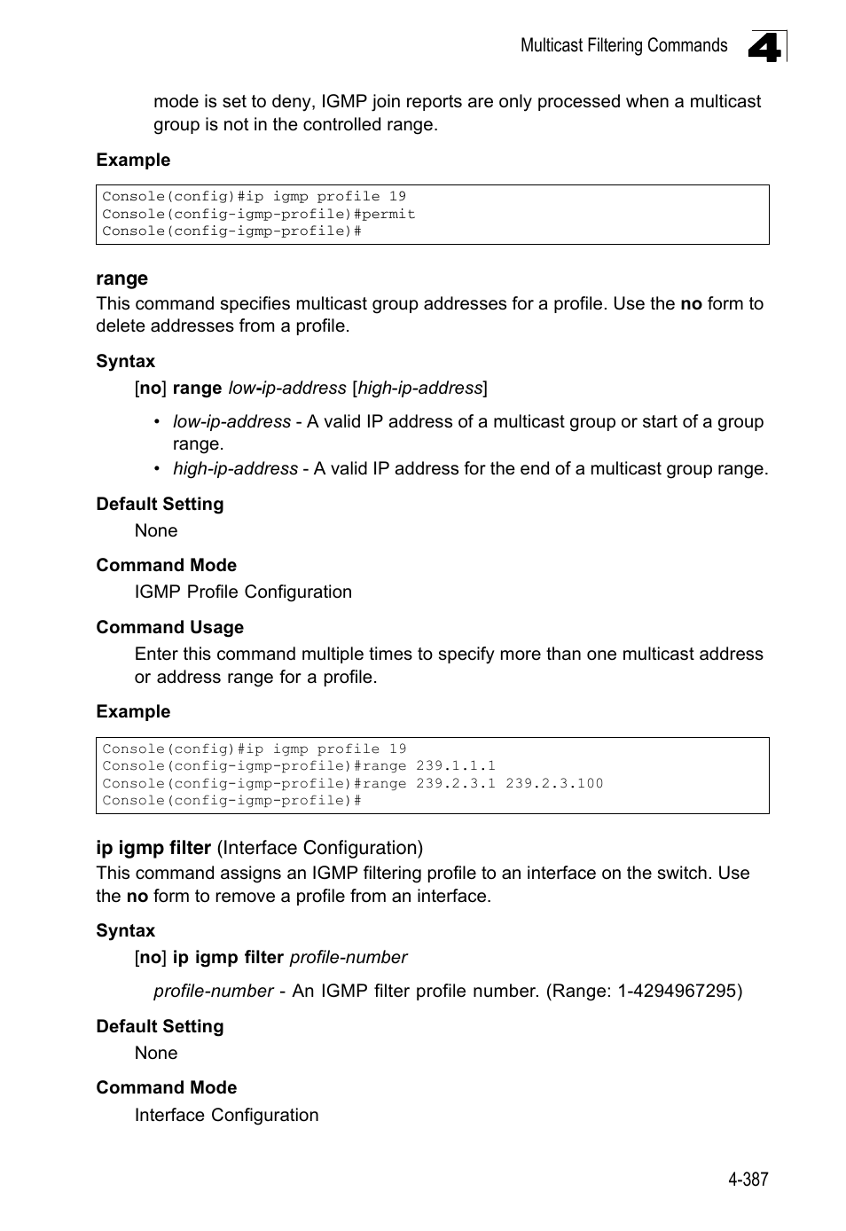 Range 4-387, Ip igmp filter (interface configuration) | LevelOne FGL-2870 User Manual | Page 753 / 800
