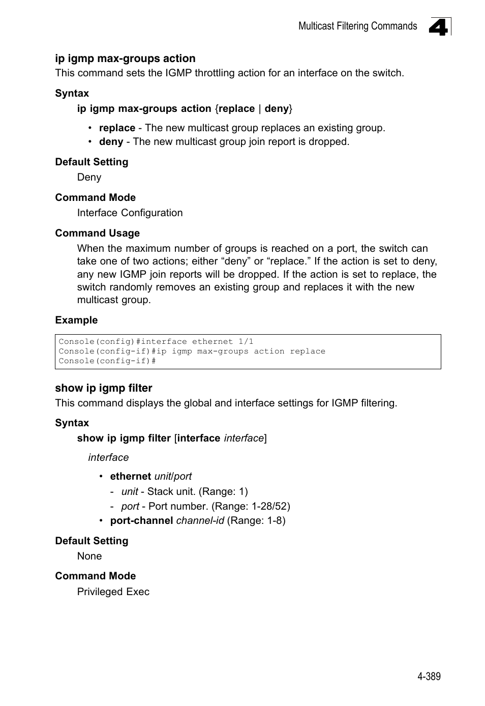 Ip igmp max-groups action, Show ip igmp filter | LevelOne FGL-2870 User Manual | Page 755 / 800