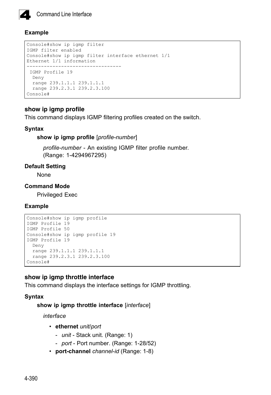 Show ip igmp profile, Show ip igmp throttle interface | LevelOne FGL-2870 User Manual | Page 756 / 800