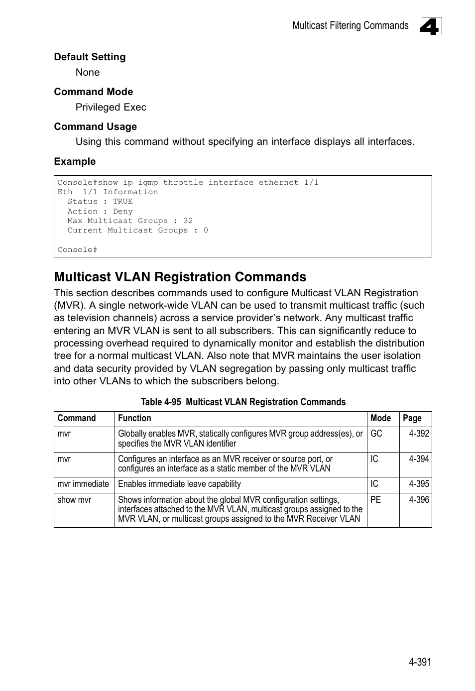 Multicast vlan registration commands, Table 4-95 | LevelOne FGL-2870 User Manual | Page 757 / 800